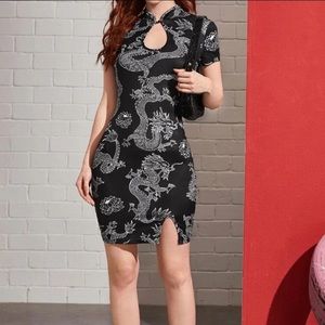 SHEIN NWOT Mandarin Collar Dragon Print Bodycon Dress